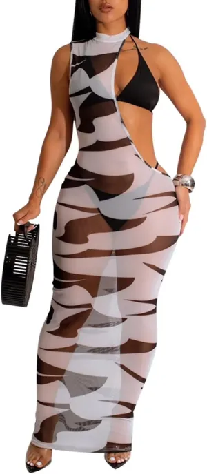 Ryehack Sexy 3 Piece Swimsuits for Women Bikini Sets and Cover Up Cutout Sleeveless Halter Sheer Mesh Maxi Dress