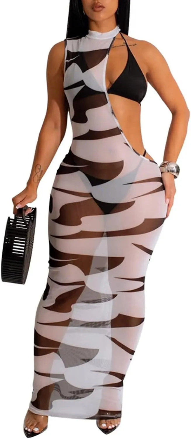Ryehack Sexy 3 Piece Swimsuits for Women Bikini Sets and Cover Up Cutout Sleeveless Halter Sheer Mesh Maxi Dress