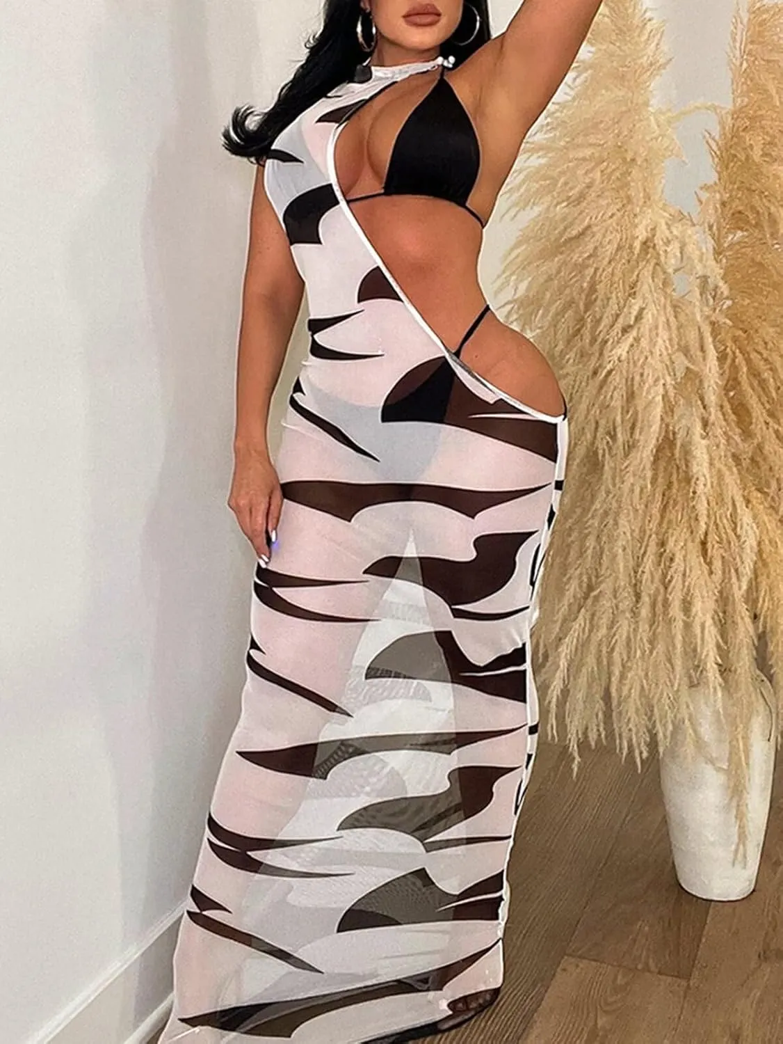 Ryehack Sexy 3 Piece Swimsuits for Women Bikini Sets and Cover Up Cutout Sleeveless Halter Sheer Mesh Maxi Dress