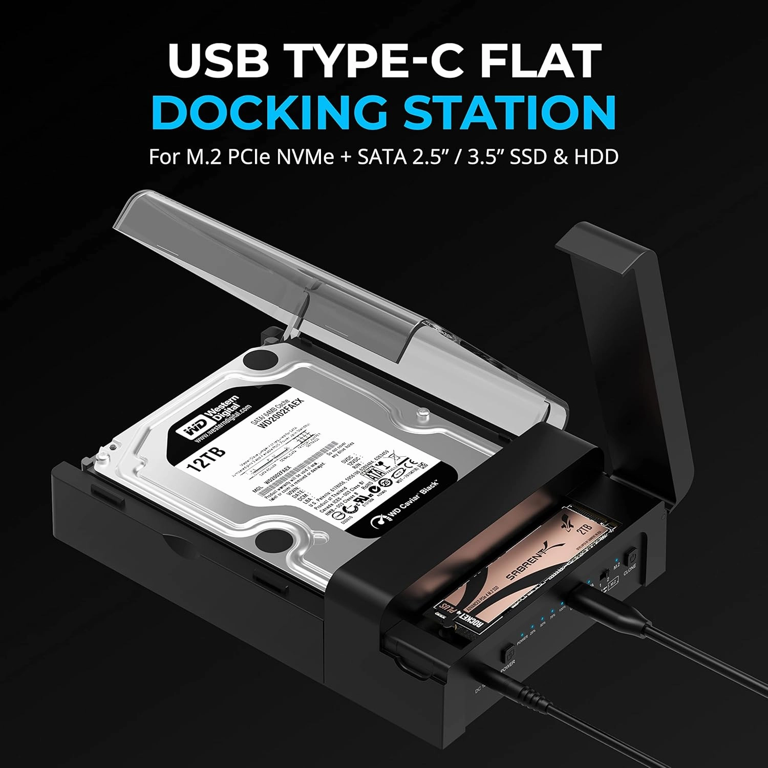SABRENT USB-C Lay Flat Docking Station – NVMe M.2   SATA 2.5”/3.5” SSD/HDD Enclosure, 10Gbps, Tool-Free, Offline Clone Function, USB 3.2 Type-C, for Windows, Mac, Linux (DS-UFNC)