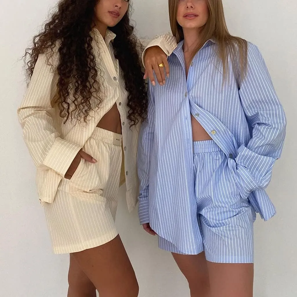 SAFRISIOR Women’s 2 Piece Casual Tracksuit Outfit Sets Stripe Long Sleeve Shirt And Loose High Waisted Mini Shorts Set