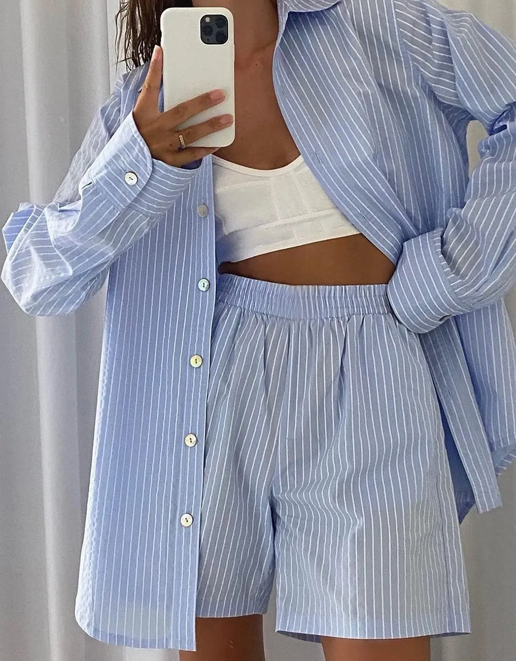 SAFRISIOR Women’s 2 Piece Casual Tracksuit Outfit Sets Stripe Long Sleeve Shirt And Loose High Waisted Mini Shorts Set