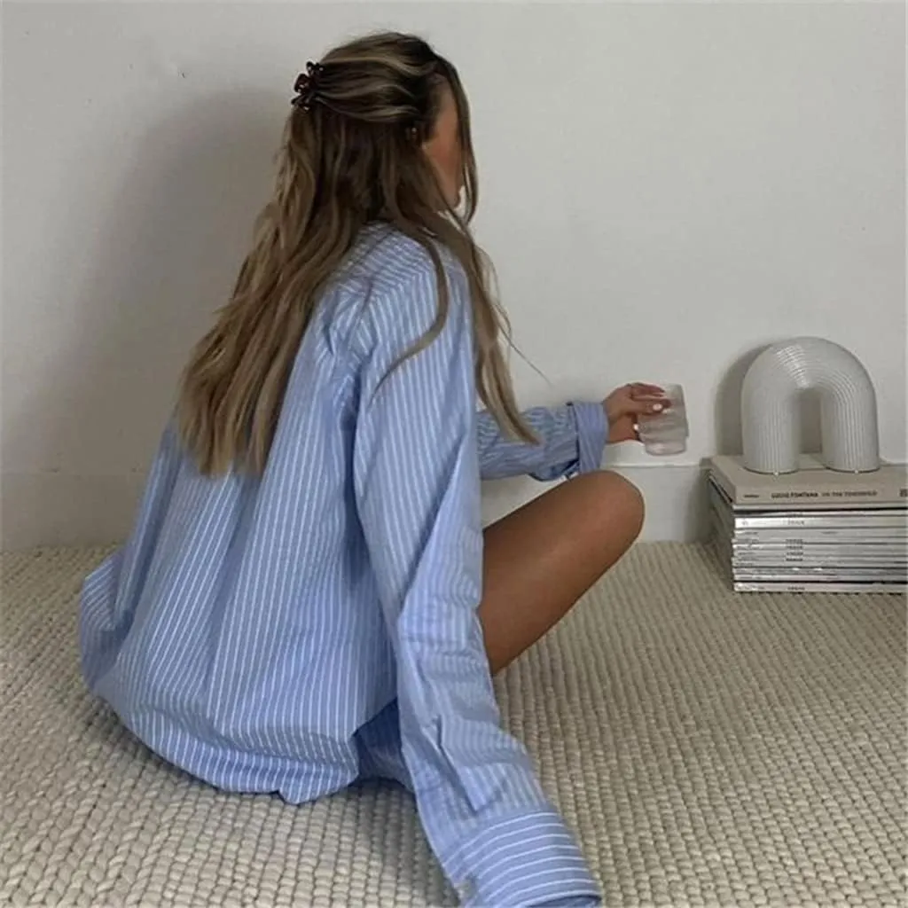SAFRISIOR Women’s 2 Piece Casual Tracksuit Outfit Sets Stripe Long Sleeve Shirt And Loose High Waisted Mini Shorts Set