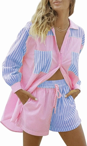 SAFRISIOR Women’s 2 Piece Casual Tracksuit Outfit Sets Stripe Long Sleeve Shirt And Loose High Waisted Mini Shorts Set
