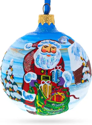Santa with Bag of Gifts Glass Ball Christmas Ornament 3.25 Inches