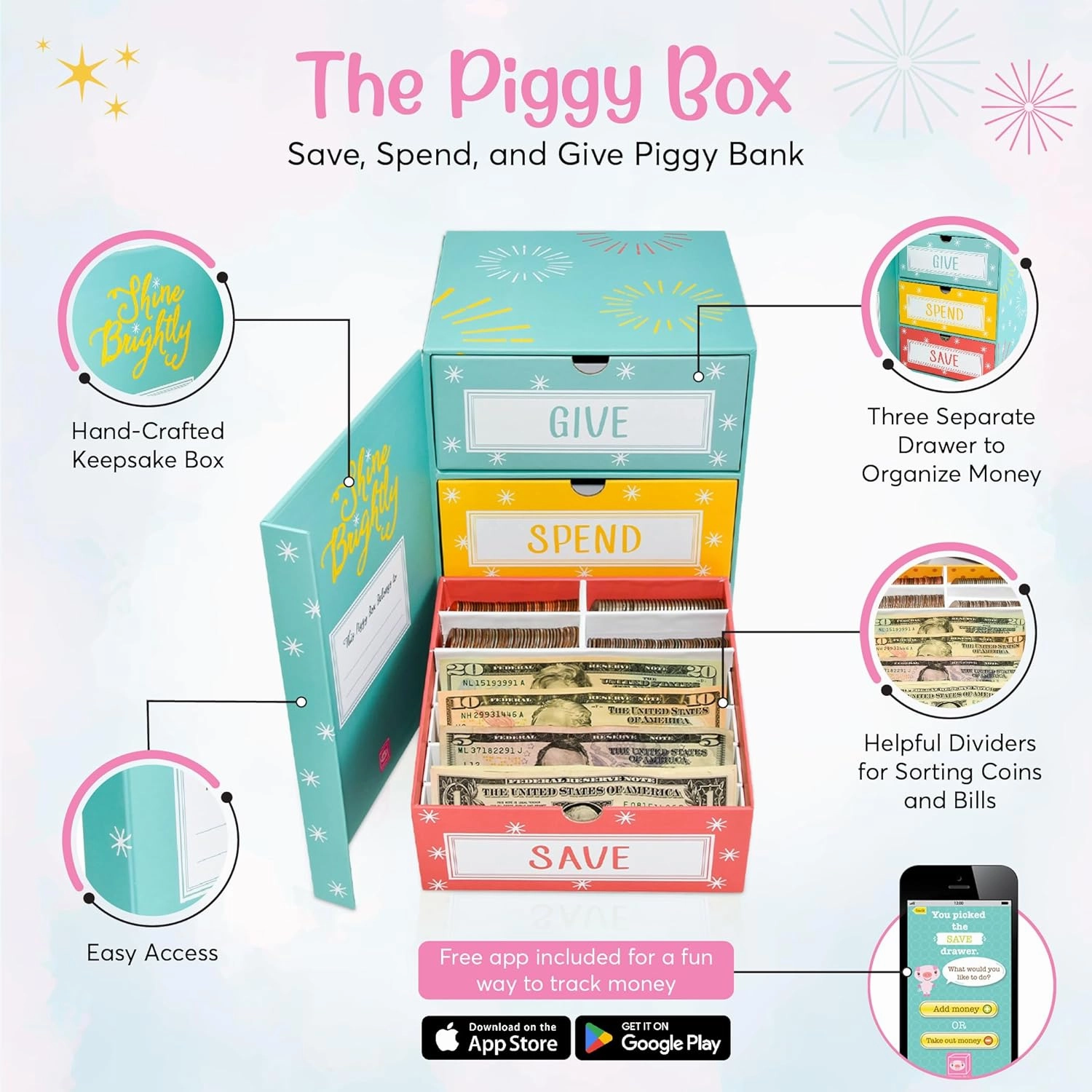 Save Spend Give Piggy Bank | Teach Children About Saving Money & Giving | Three Drawers for Bills and Coins | Great for Birthday Room Decor