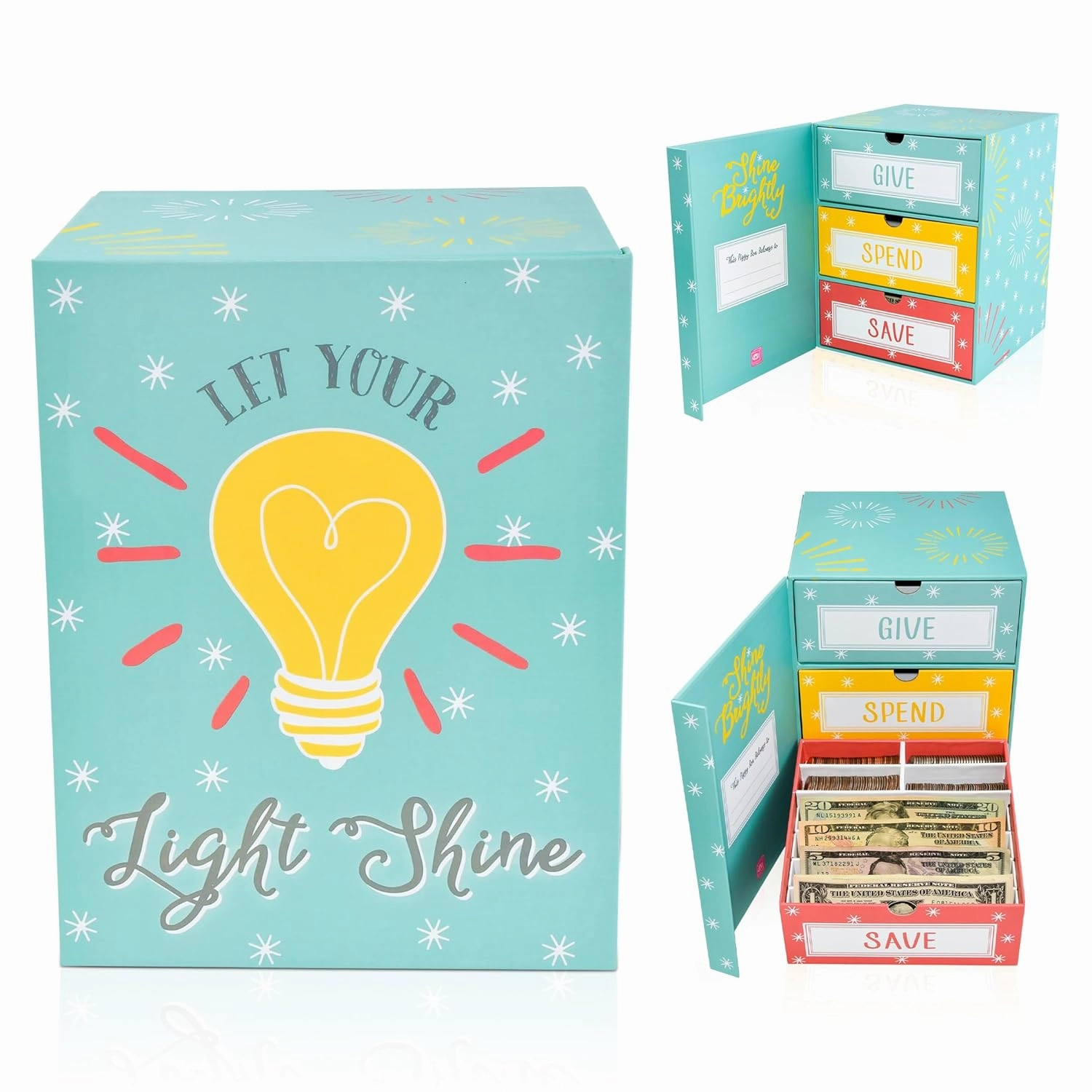 Save Spend Give Piggy Bank | Teach Children About Saving Money & Giving | Three Drawers for Bills and Coins | Great for Birthday Room Decor