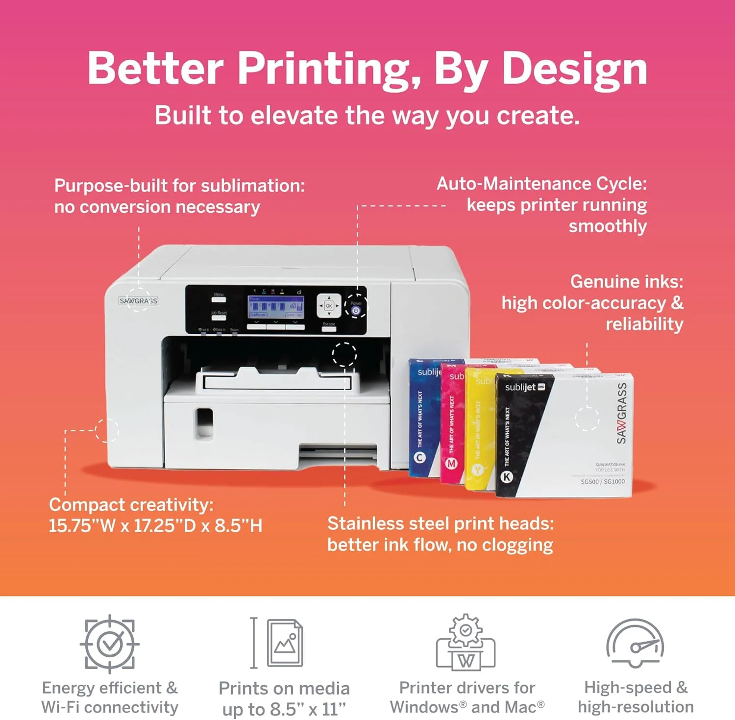 Sawgrass SG500 Sublimation Printer Starter Bundle | Includes Professional Dye-Sublimation Printer, SubliJet UHD Inks & TruePix Sublimation Paper | Wi-Fi Connectivity | Create Custom Designs