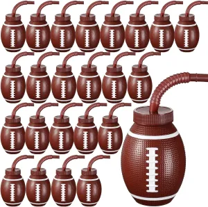 Sawysine 24 Sets Football Ball Cups with Straws and Lids, 10 oz Toddler Plastic Reusable Super Football Party Cups Bulk for Kids Birthday Theme Party Supplies