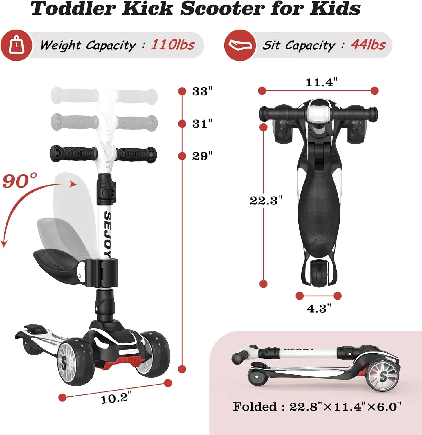 Sejoy Toddler Kick Scooter for Kids with 3 Wheels Extra-Wide Childrens Foldable Toy Scooter with Adjustable Height/Handlebars & Folding Seat for Kids Ages 3 
