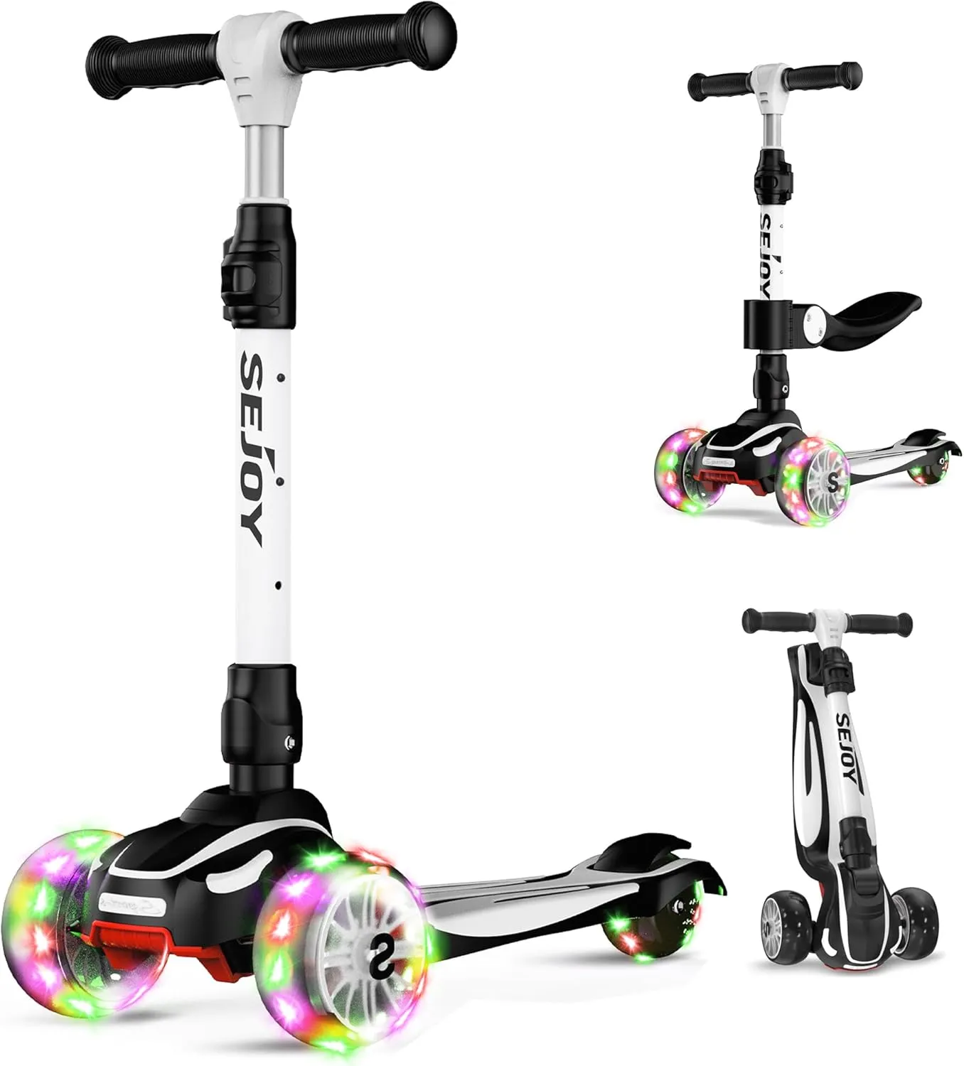 Sejoy Toddler Kick Scooter for Kids with 3 Wheels Extra-Wide Childrens Foldable Toy Scooter with Adjustable Height/Handlebars & Folding Seat for Kids Ages 3 