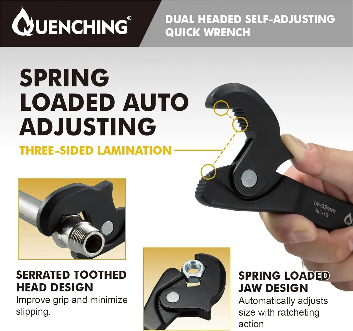 Self-Adjusting Dual Head Crowfoot Wrench, 5/16” to 1-1/4”, 8-32mm, Multi-Size Fit, Quick Adjust Tool for Home Auto Bike Repair, Slim Profile, Crowfoot Wrench Set Alternative