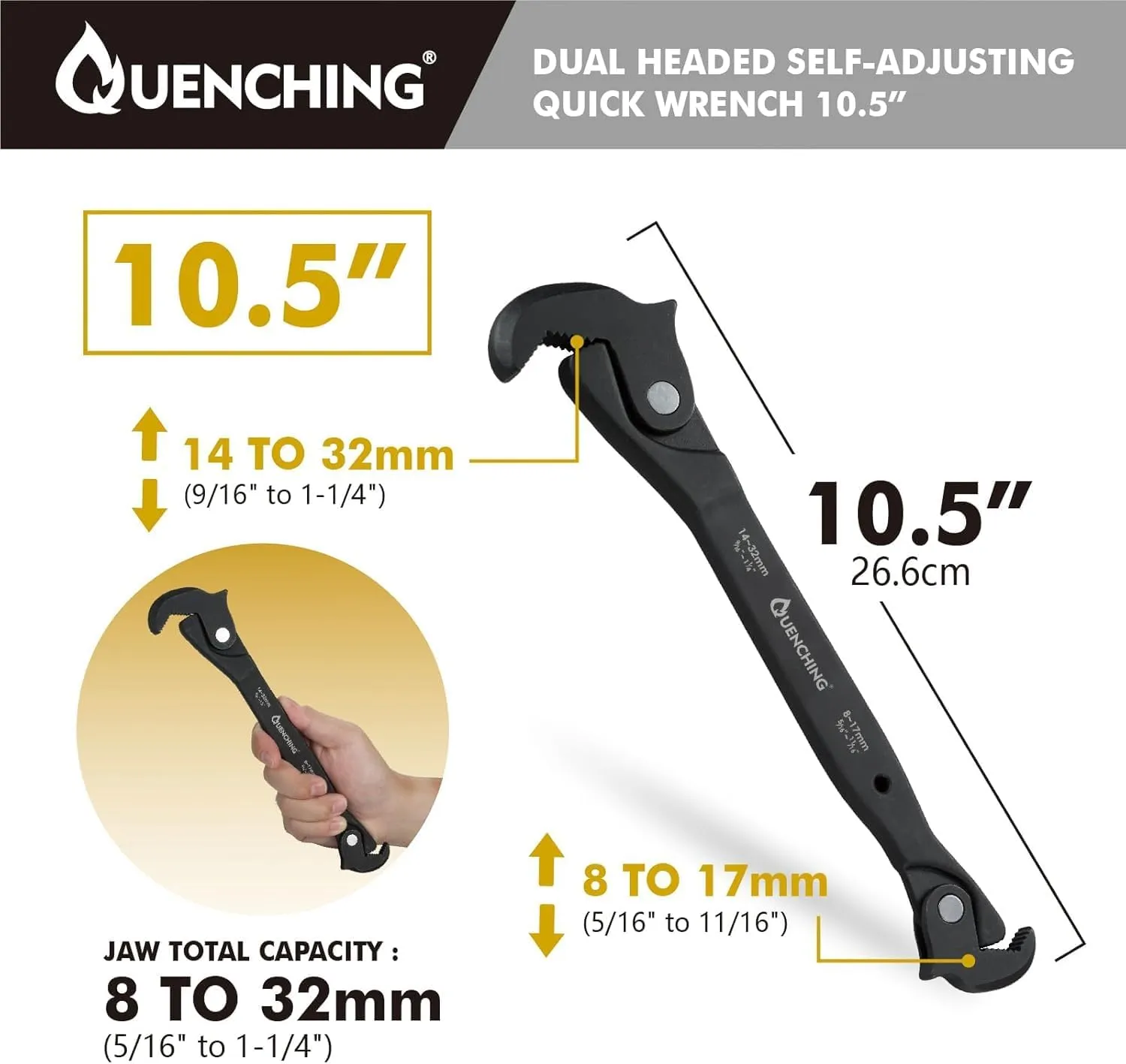 Self-Adjusting Dual Head Crowfoot Wrench, 5/16” to 1-1/4”, 8-32mm, Multi-Size Fit, Quick Adjust Tool for Home Auto Bike Repair, Slim Profile, Crowfoot Wrench Set Alternative