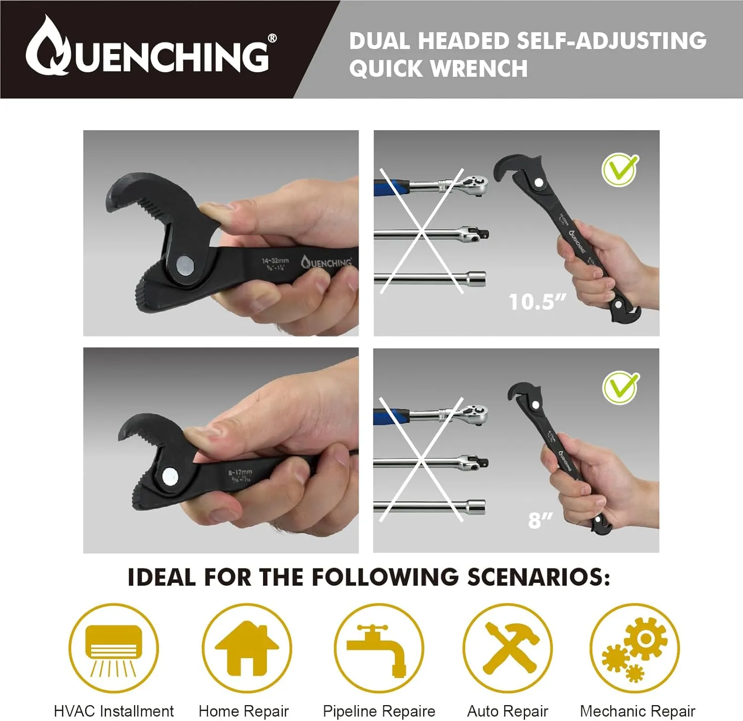 Self-Adjusting Dual Head Crowfoot Wrench, 5/16” to 1-1/4”, 8-32mm, Multi-Size Fit, Quick Adjust Tool for Home Auto Bike Repair, Slim Profile, Crowfoot Wrench Set Alternative