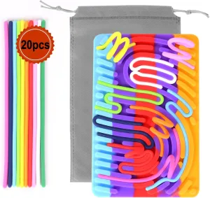 Sensory Activity Board Silicone Fidget Toy, Double Side Quiet Sensory Toys for Kids 3  & Adults Stress/Anxiety/ADHD & Autism Calming Toy with Portable Travel Bag & 20 Strings, Rainbow Colors