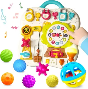 Sensory Balls for Baby & Montessori Busy Board for Toddlers - Colorful Textured Baby Sensory Balls 6-12 Months and Activity Board with Music & LED for Toddlers 1-3, Perfect for Sensory Developm
