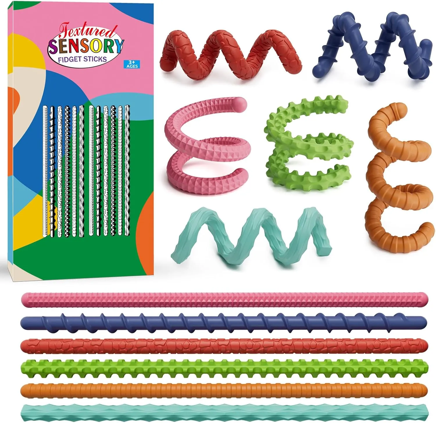 Sensory Fidget Toys for Kids Adults,12PCS Flexible Sensory Sticks for Stress Anxiety Autistic ADHD, Calm Down Travel Airplane Essentials Toys, Stuffers for Teens Kids