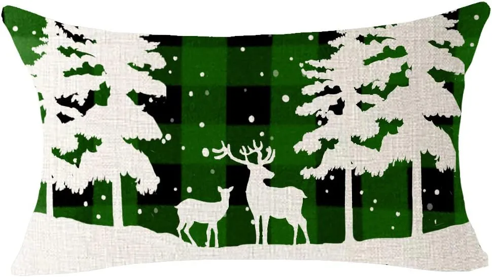 Set of 4 Woods Snowflake Moose Deer Animal Merry Christmas Blessing Gift for Family Home Cotton Linen Decorative Throw Pillow Cover Cushion Case 12x20 inches