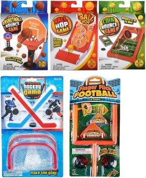 Set of 5 Mini Tabletop Games - Football, Basketball, Hockey, Ball Hop, Coin Hole - Toy Shooting Hoops - Fun Classic Arcade Toy