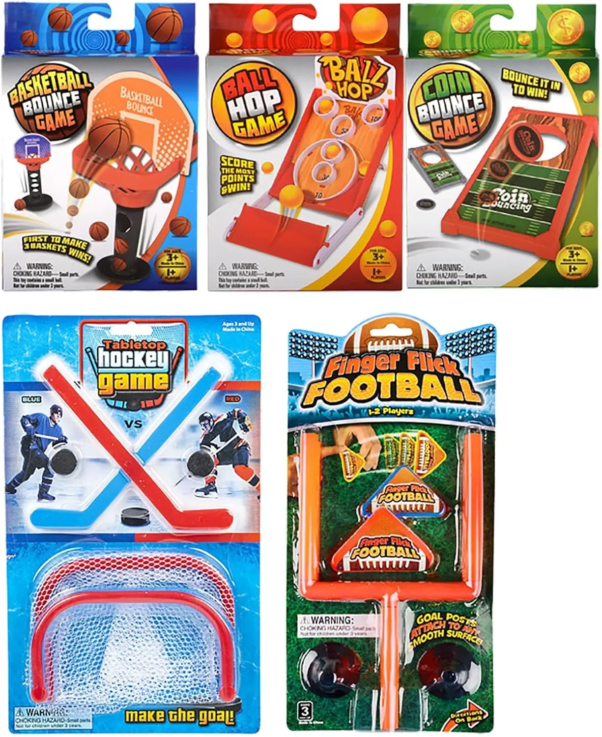 Set of 5 Mini Tabletop Games - Football, Basketball, Hockey, Ball Hop, Coin Hole - Toy Shooting Hoops - Fun Classic Arcade Toy
