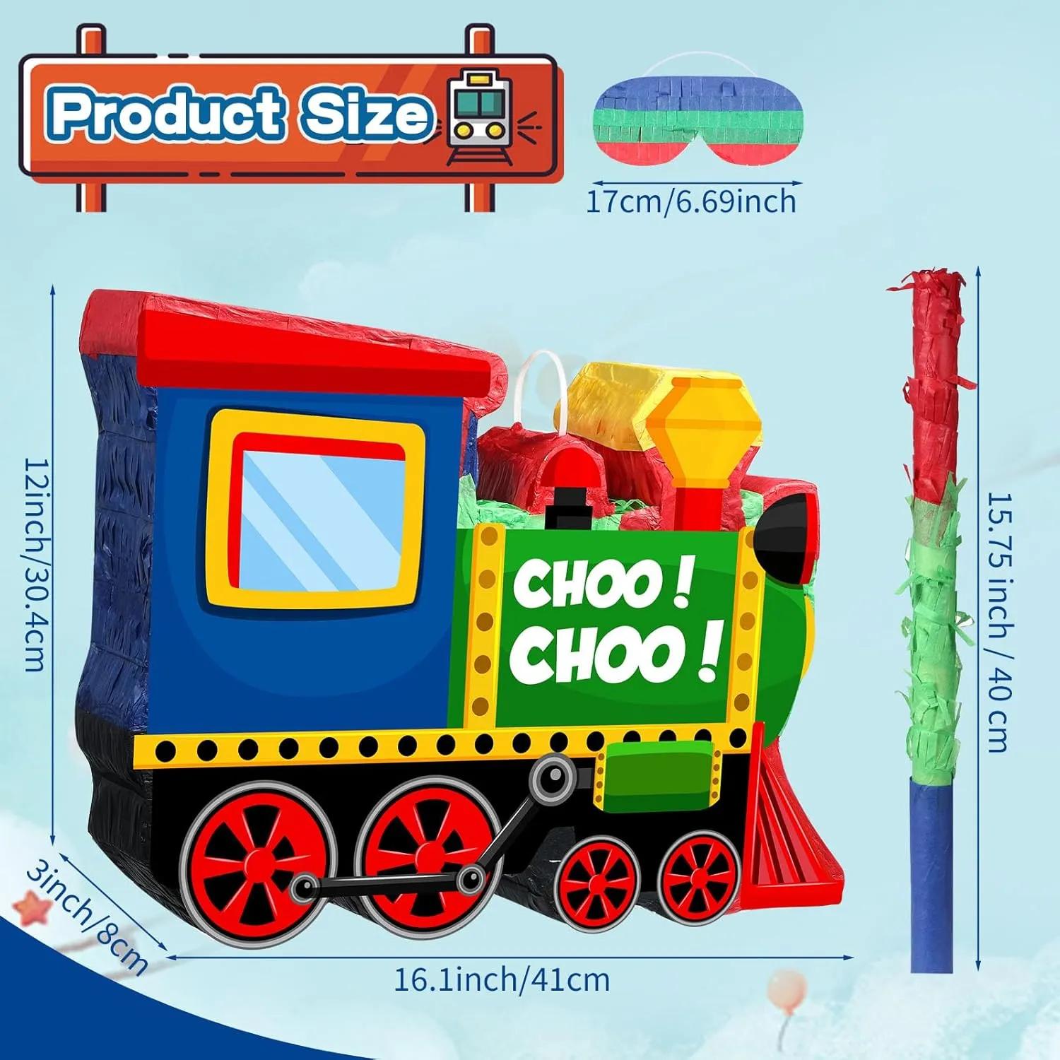 Shappy 3D Train Piñata Red Motorcycle Piñata Small Race Car Birthday Decor with Blindfold Stick Confetti Railroad Bike Car Party Decorations for Racing Theme Birthday Favors Supplies(Train)