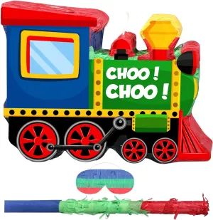 Shappy 3D Train Piñata Red Motorcycle Piñata Small Race Car Birthday Decor with Blindfold Stick Confetti Railroad Bike Car Party Decorations for Racing Theme Birthday Favors Supplies(Train)