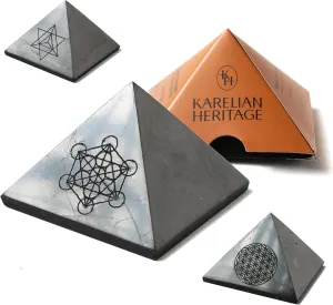 Shungite Protection Pyramid 2" with Metatron Engraved Sacred Symbol | Authentic Shungite Stones Protection Polished Pyramid 2 inches (5 cm) | Black Stone Crystal Pyramid for Meditation PPG01
