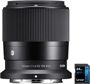 Sigma 302973 30mm F1.4 DC DN Contemporary Telephoto Lens for Nikon Z Bundle with Lexar 64GB High-Performance 800x UHS-I SDXC Memory Card