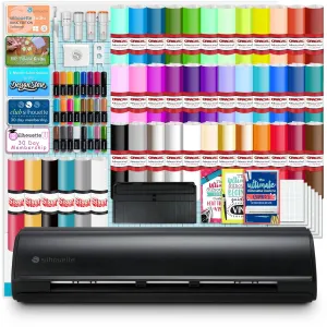 Silhouette Cameo 5 Black 12in Vinyl Cutter Bundle with Advanced Blade Pack, Roll Feeder, 38 Premium 651 Vinyl Sheets, T-Shirt HTV, Sketch Pen Set, Software, Tools, Guides, Classes, Deisgns, and More