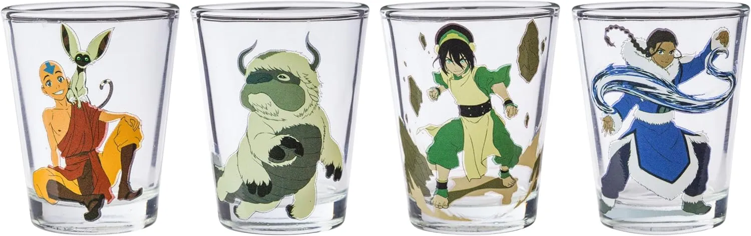 Silver Buffalo Avatar the Last Airbender Featuring Aang, Katara, Toph, Appa, and Momo 4 Pack Mini Glasses, 1.5 Ounces