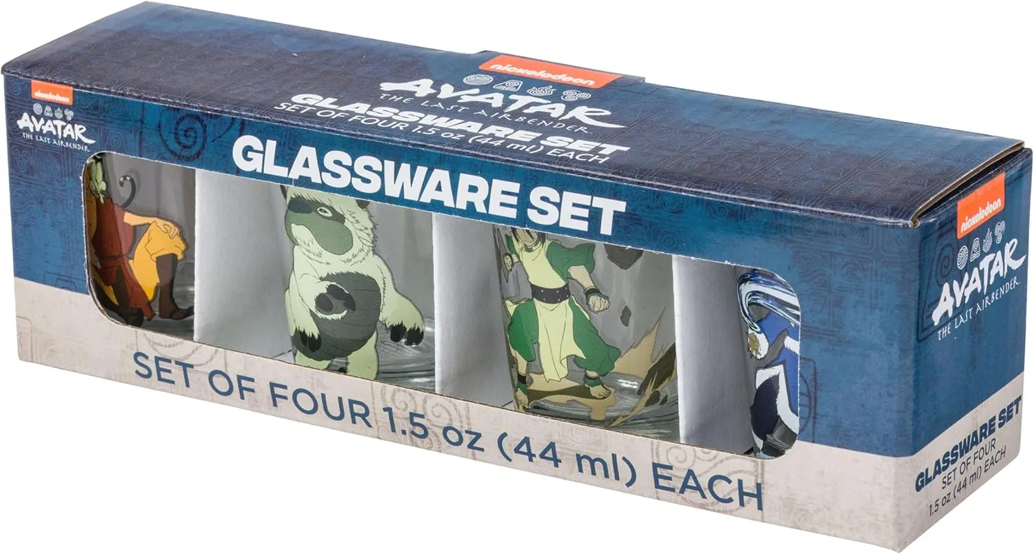 Silver Buffalo Avatar the Last Airbender Featuring Aang, Katara, Toph, Appa, and Momo 4 Pack Mini Glasses, 1.5 Ounces