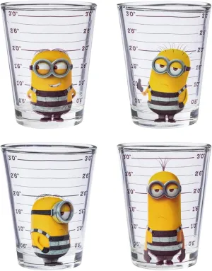 Silver Buffalo Minions Despicable Me Mug Shot Featuring Bob, Stuart, Tim, and Dave 4 Pack Mini Glass Set, 1.5 Ounces