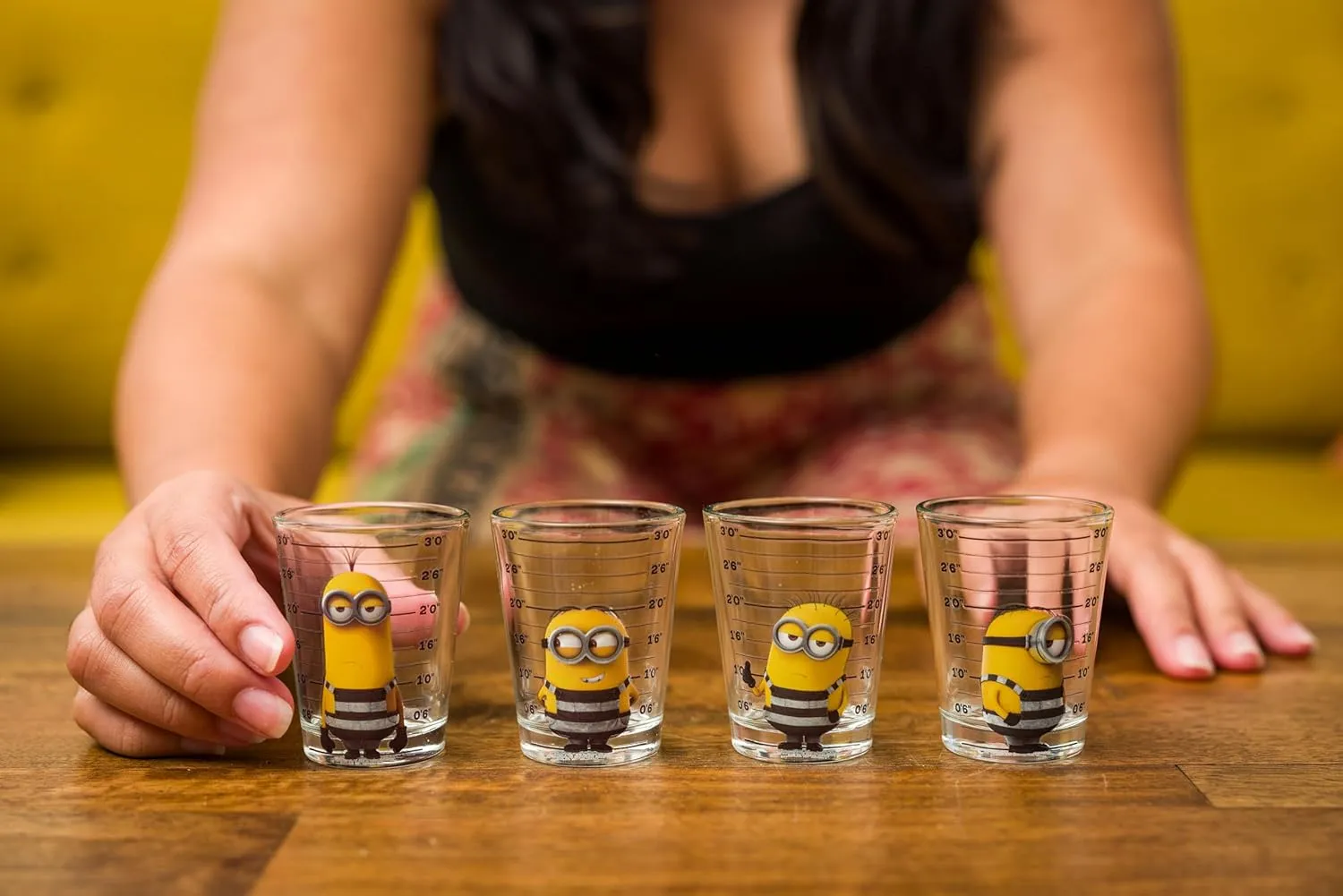Silver Buffalo Minions Despicable Me Mug Shot Featuring Bob, Stuart, Tim, and Dave 4 Pack Mini Glass Set, 1.5 Ounces