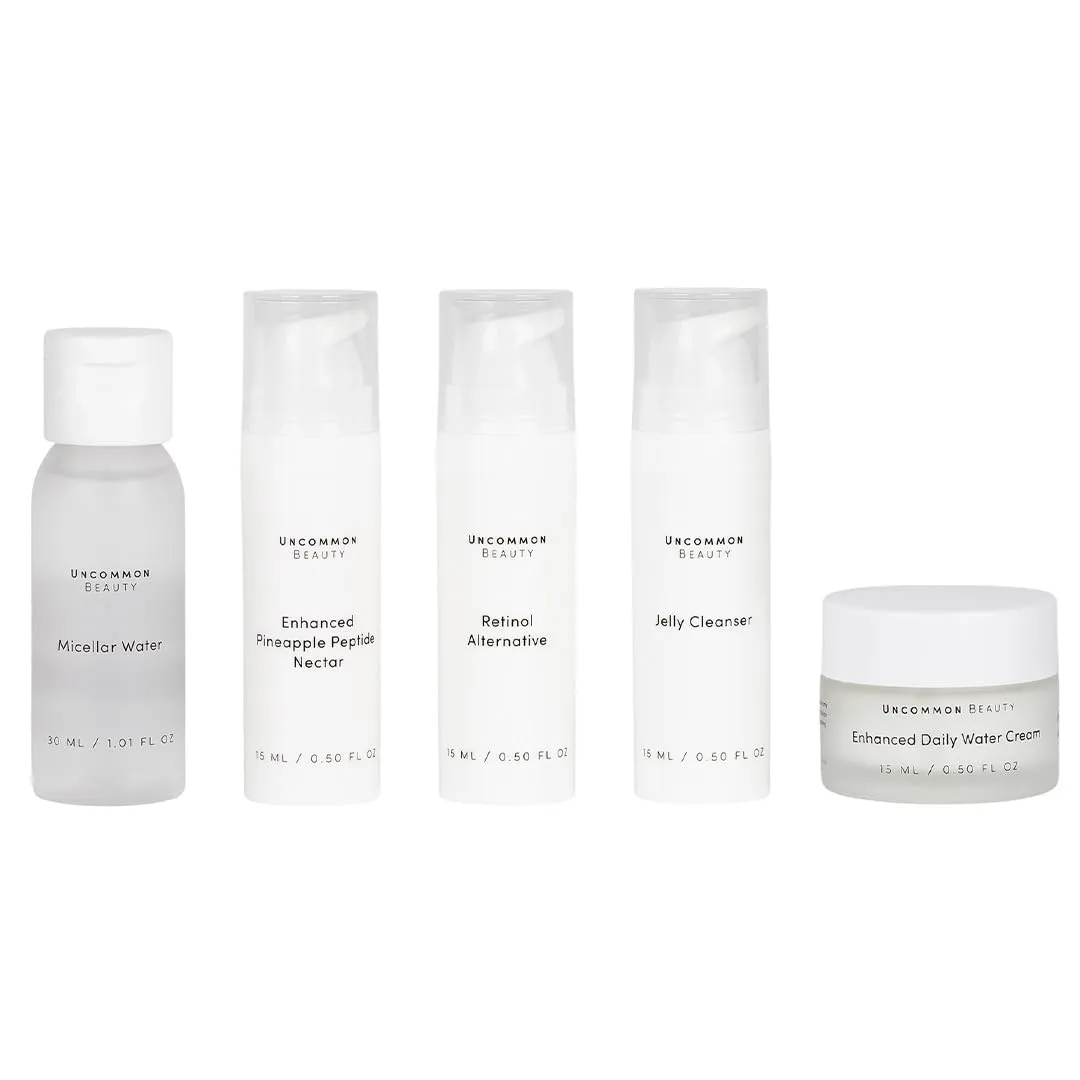 Skincare Travel Set: Daily, TSA-Friendly Skin Essentials - Micellar Water, Jelly Cleanser, Vitamin-C, Retinol Alternative, Water Cream