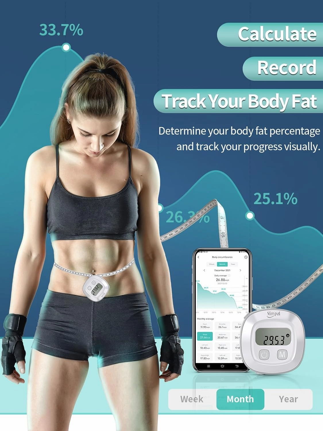 Slimpal Smart Body Tape Measure, FSA HSA Eligible Approved Measuring Tape for Body Measurements Device, Retractable Bluetooth Monitoring Body Fat BMI Tool for Fitness Shape & Weight Loss