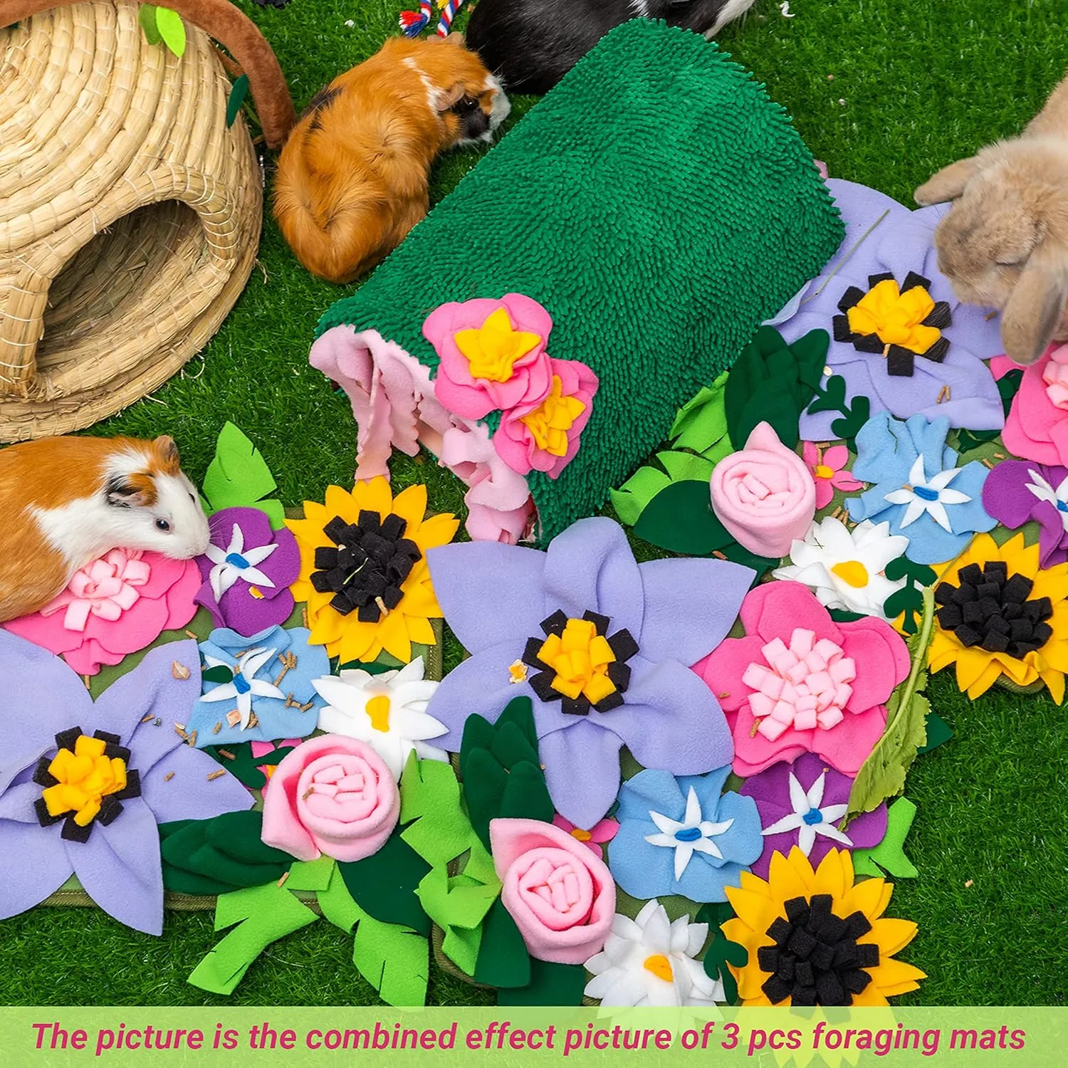 Small Animal Foraging Mat for Rabbit Hedgehog Guinea Pig Rat Chinchillas Bunny - Interactive Cute Flower Funny Feeder Toy Feeding Mat Bedding Cage Accessories