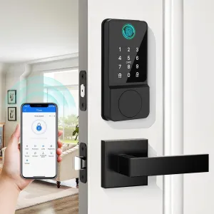 Smart Door Lock Set Keyless Entry Fingerprint Touchscreen Keypad APP IC Card Key Type-C Charging Unlocking with 2 Handles 6 in 1 Electric Biometric Digital Deadbolt for Front Doors Apartment