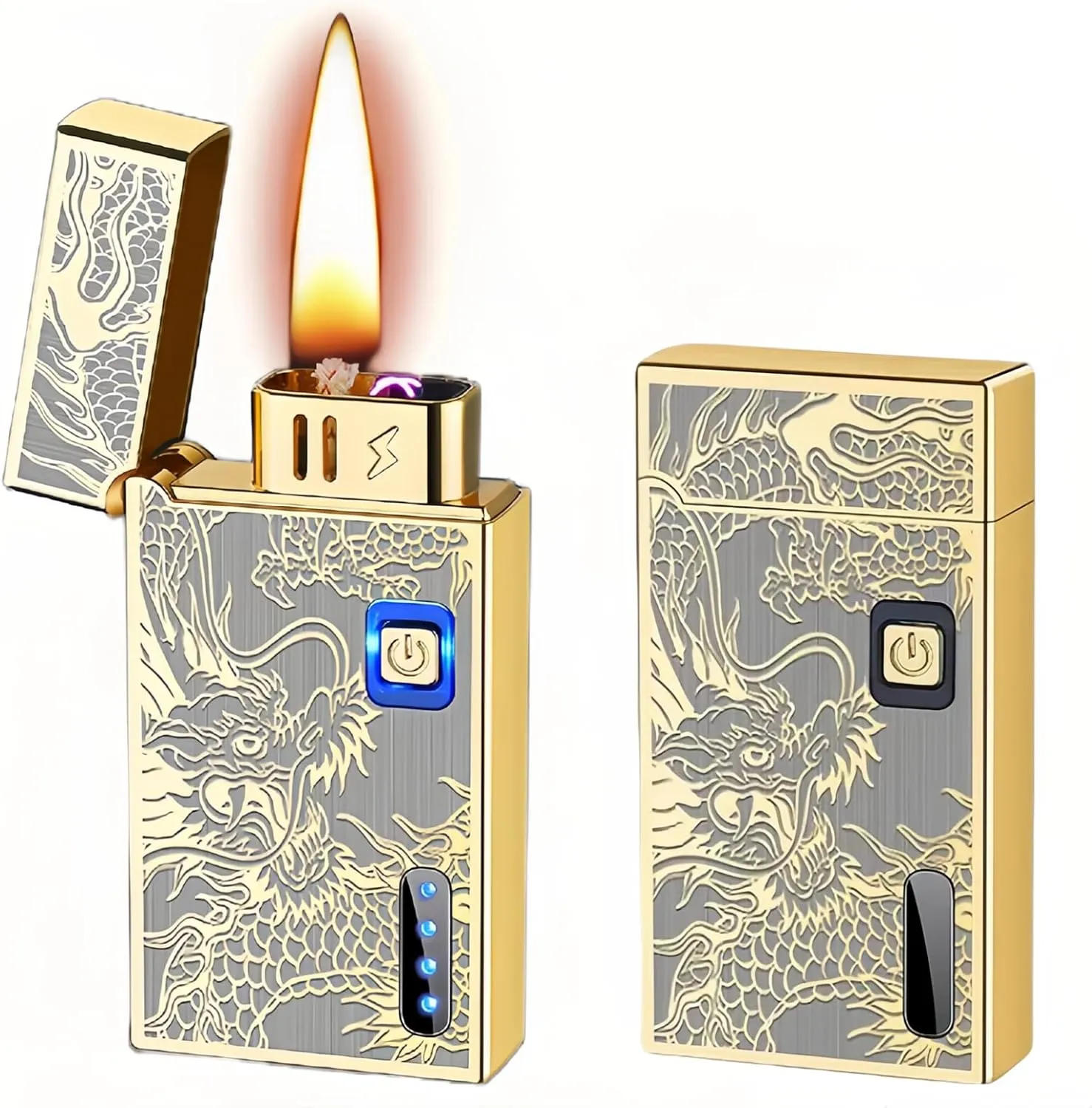 Smart Kerosene Soft Flame Lighter and Windproof Plasma Dual Arc Lighter 2-in-1 with 5 Ignition Methods, Refillable and USB Rechargeable Electric Lighters (Gold, Fuel Not Included)