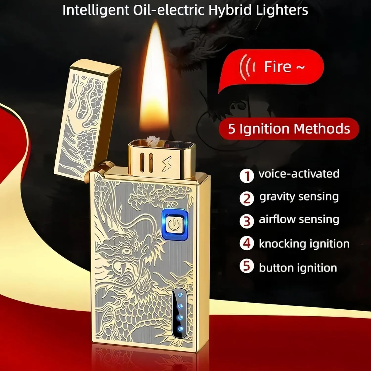 Smart Kerosene Soft Flame Lighter and Windproof Plasma Dual Arc Lighter 2-in-1 with 5 Ignition Methods, Refillable and USB Rechargeable Electric Lighters (Gold, Fuel Not Included)
