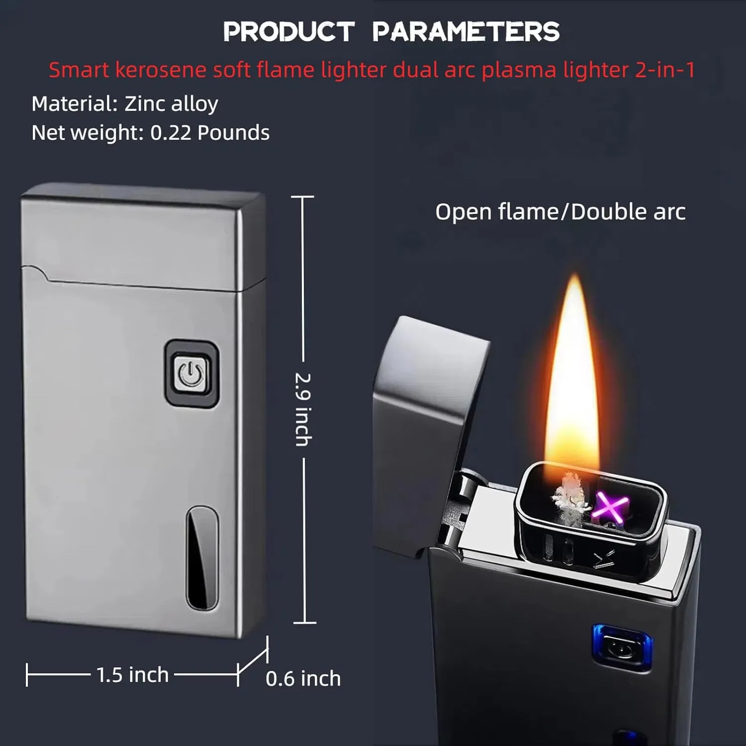 Smart Kerosene Soft Flame Lighter and Windproof Plasma Dual Arc Lighter 2-in-1 with 5 Ignition Methods, Refillable and USB Rechargeable Electric Lighters (Gold, Fuel Not Included)
