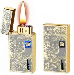 Smart Kerosene Soft Flame Lighter and Windproof Plasma Dual Arc Lighter 2-in-1 with 5 Ignition Methods, Refillable and USB Rechargeable Electric Lighters (Gold, Fuel Not Included)
