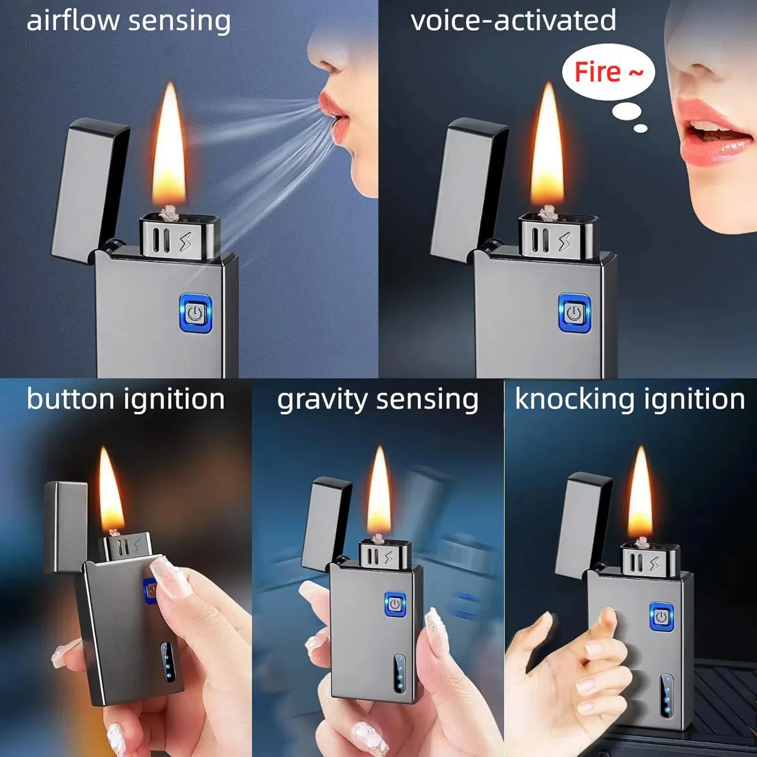Smart Kerosene Soft Flame Lighter and Windproof Plasma Dual Arc Lighter 2-in-1 with 5 Ignition Methods, Refillable and USB Rechargeable Electric Lighters (Gold, Fuel Not Included)