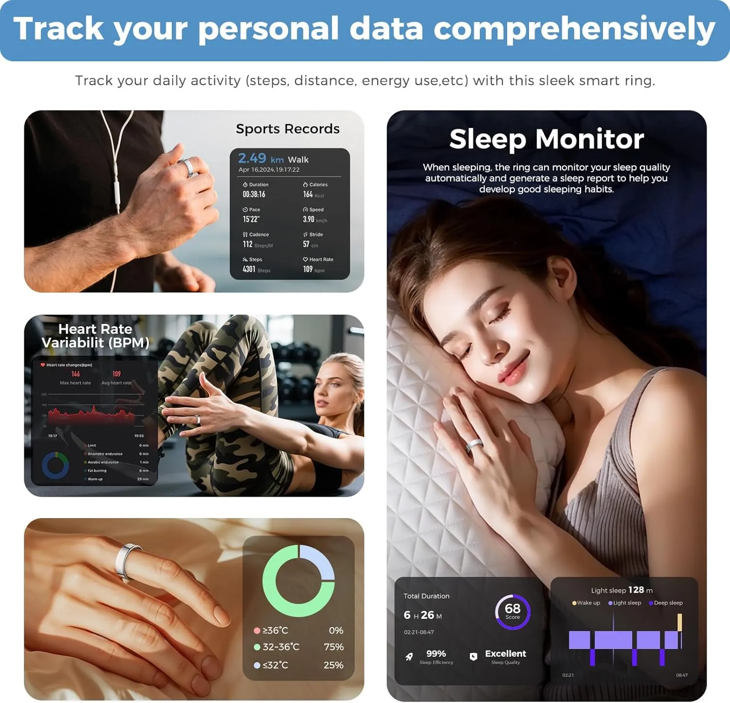Smart Ring for Men and Women, Silver Fitness Tracker Ring with Heart Rate, Sleep Tracking, Step Counter, 170  Activity Modes, Gesture Control for Music and Video, IP68 Waterproof Siver #12