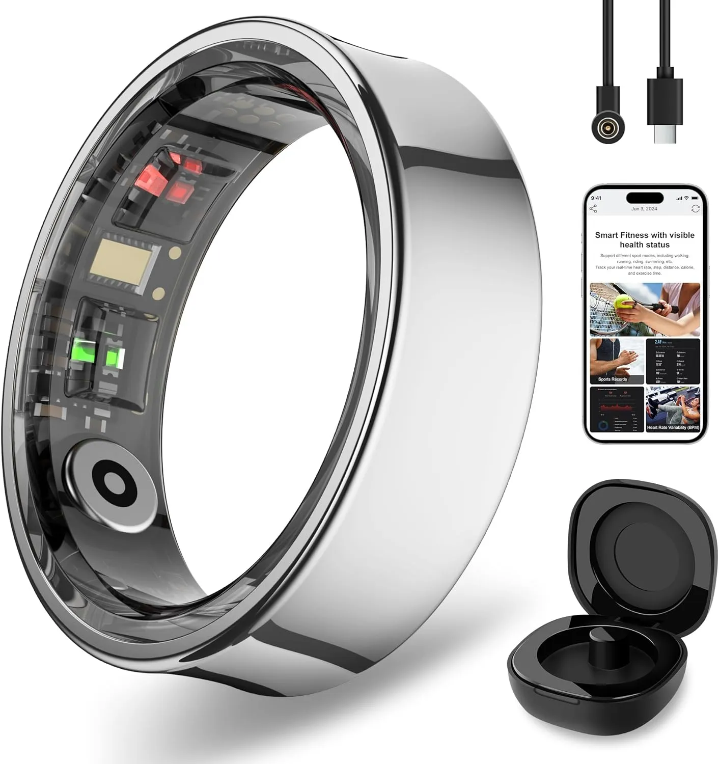 Smart Ring for Men and Women, Silver Fitness Tracker Ring with Heart Rate, Sleep Tracking, Step Counter, 170  Activity Modes, Gesture Control for Music and Video, IP68 Waterproof Siver #12
