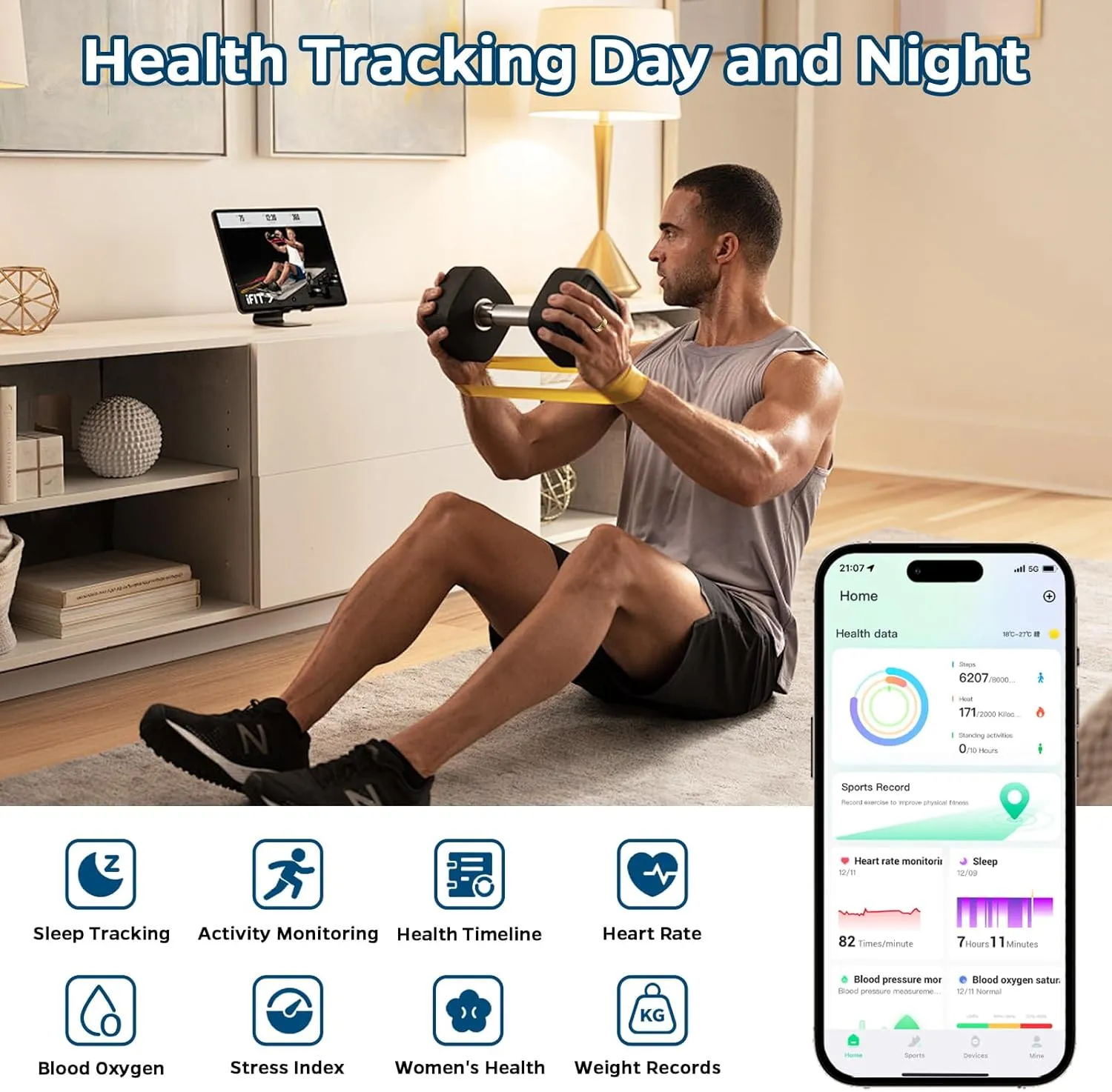 Smart Ring Health Tracker, Sleep Tracker Ring with Heart Rate, Waterproof Fitness Ring for Activity Monitoring/Steps/Distance/Calories, Air Gestures,Up to 7-Day Battery, for iOS and Android (Gold,#12)