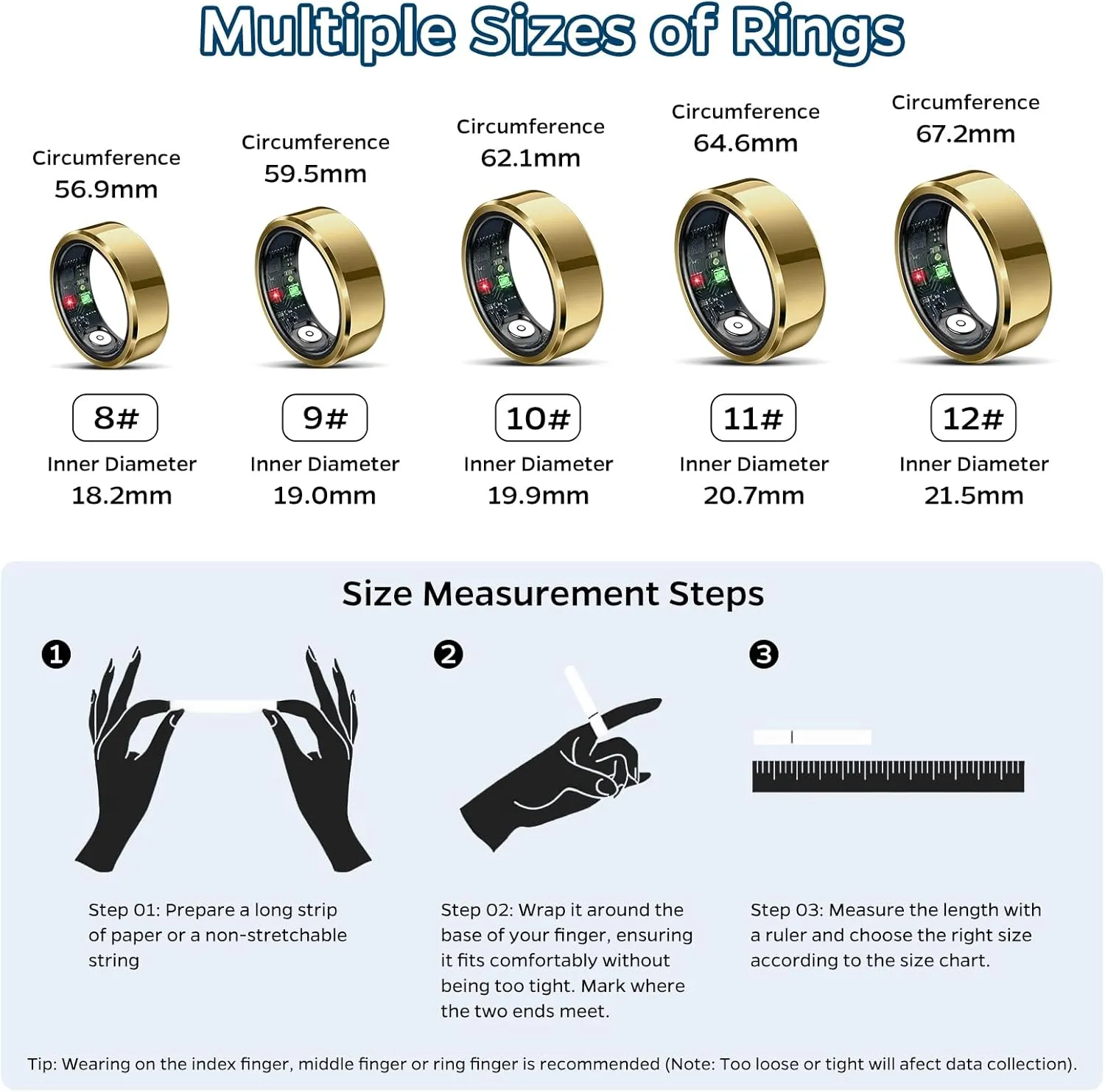 Smart Ring Health Tracker, Sleep Tracker Ring with Heart Rate, Waterproof Fitness Ring for Activity Monitoring/Steps/Distance/Calories, Air Gestures,Up to 7-Day Battery, for iOS and Android (Gold,#12)