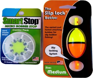 Smart Slip Lock Bobber and Smart Stop Micro Bobber Stop Combo Pack (Mini, Small, Medium or Large) Includes New and Improved Tool to Attach Stops, No Pliers Needed.
