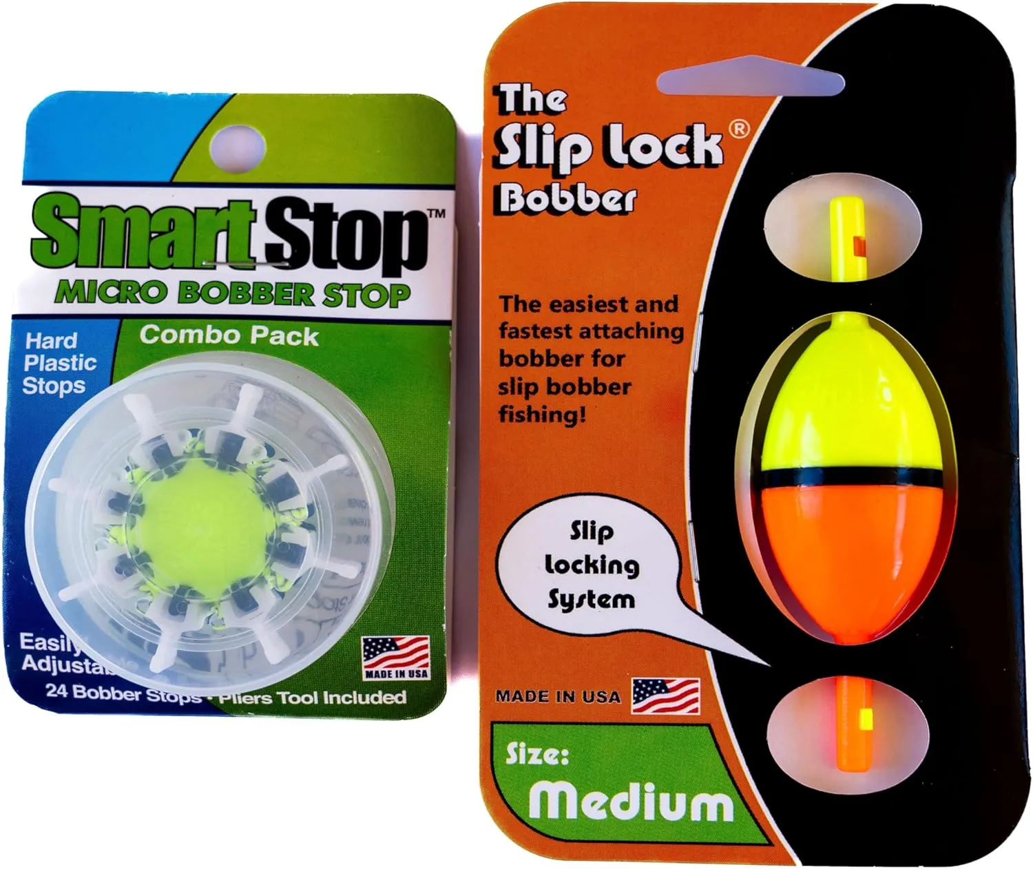 Smart Slip Lock Bobber and Smart Stop Micro Bobber Stop Combo Pack (Mini, Small, Medium or Large) Includes New and Improved Tool to Attach Stops, No Pliers Needed.
