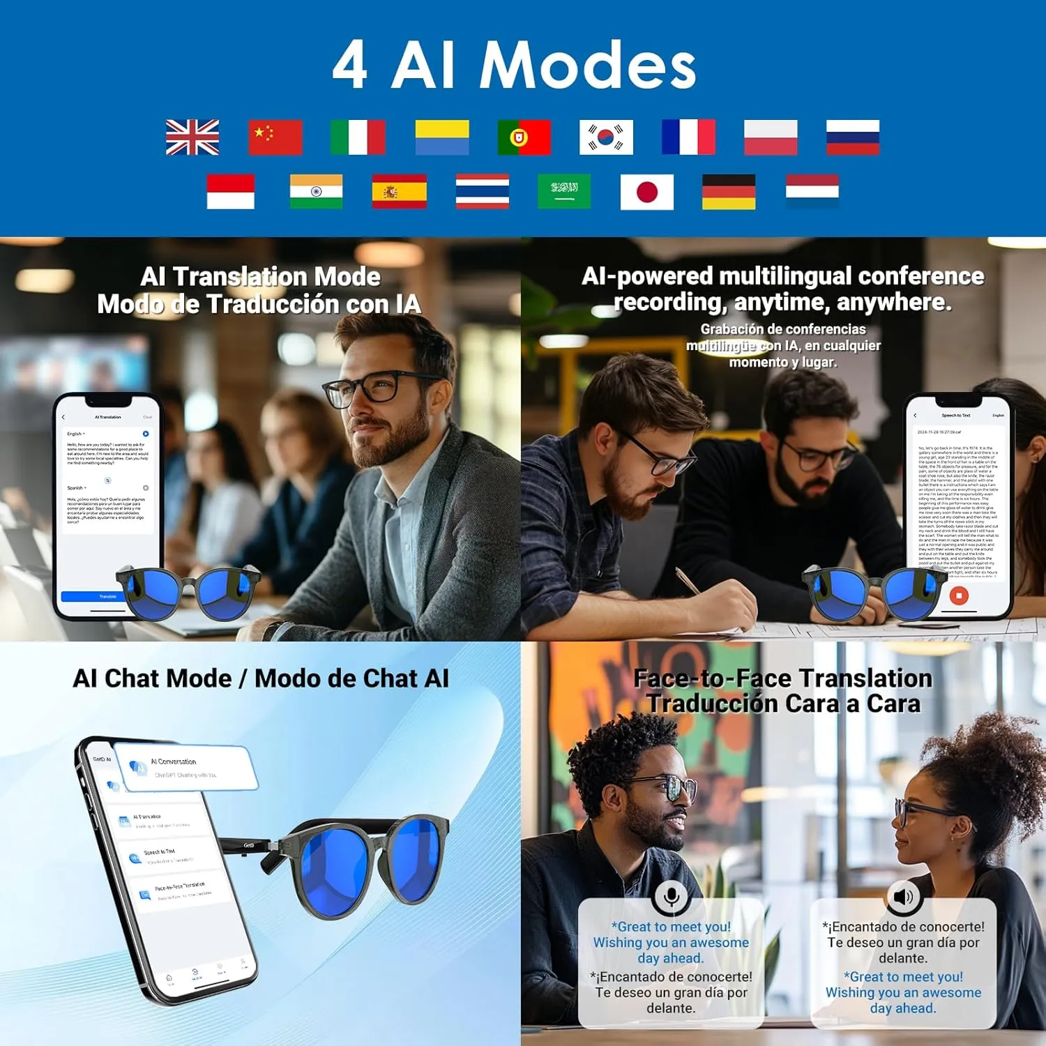 Smart Sunglasses, Round Polarized Lens Bluetooth Glasses for Women and Men with Speaker, Music Glasses AI Translator, 11H Battery Life, Voice Control, Smart Eyewear for Travel Driving Meeting