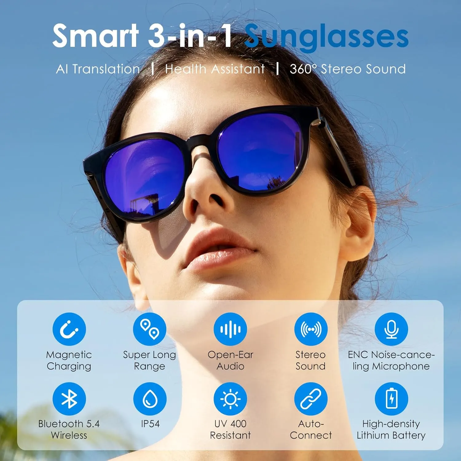 Smart Sunglasses, Round Polarized Lens Bluetooth Glasses for Women and Men with Speaker, Music Glasses AI Translator, 11H Battery Life, Voice Control, Smart Eyewear for Travel Driving Meeting